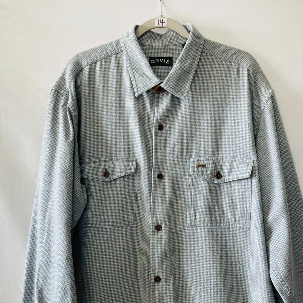Orvis Mens Blue Long Sleeve Houndstooth Preppy Carear Button Up Shirt Size XLT - Picture 2 of 10